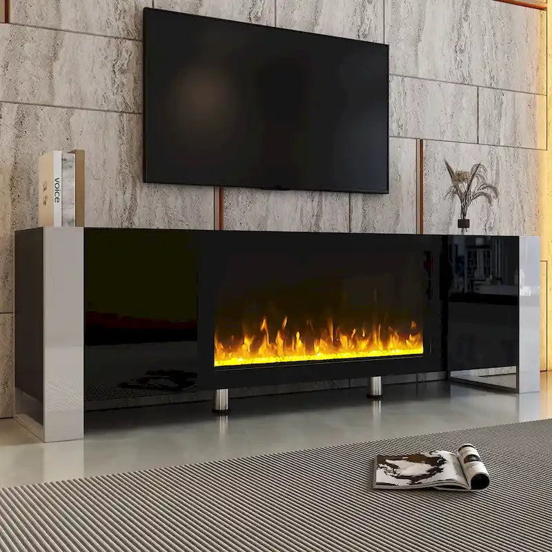 Meuble TV cheminée noir moderne de 68,1 po avec 2 grands placards pour téléviseurs jusqu'à 78 po