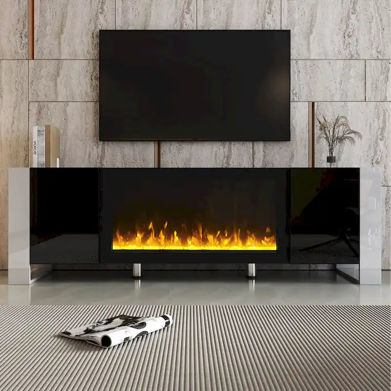 Meuble TV cheminée noir moderne de 68,1 po avec 2 grands placards pour téléviseurs jusqu'à 78 po