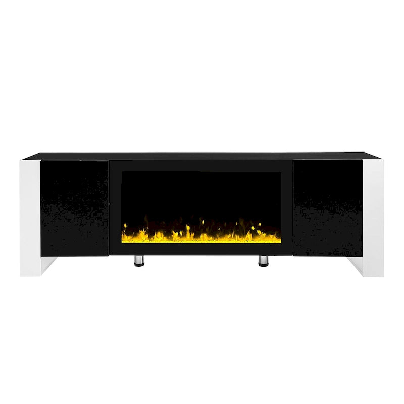 Meuble TV cheminée noir moderne de 68,1 po avec 2 grands placards pour téléviseurs jusqu'à 78 po