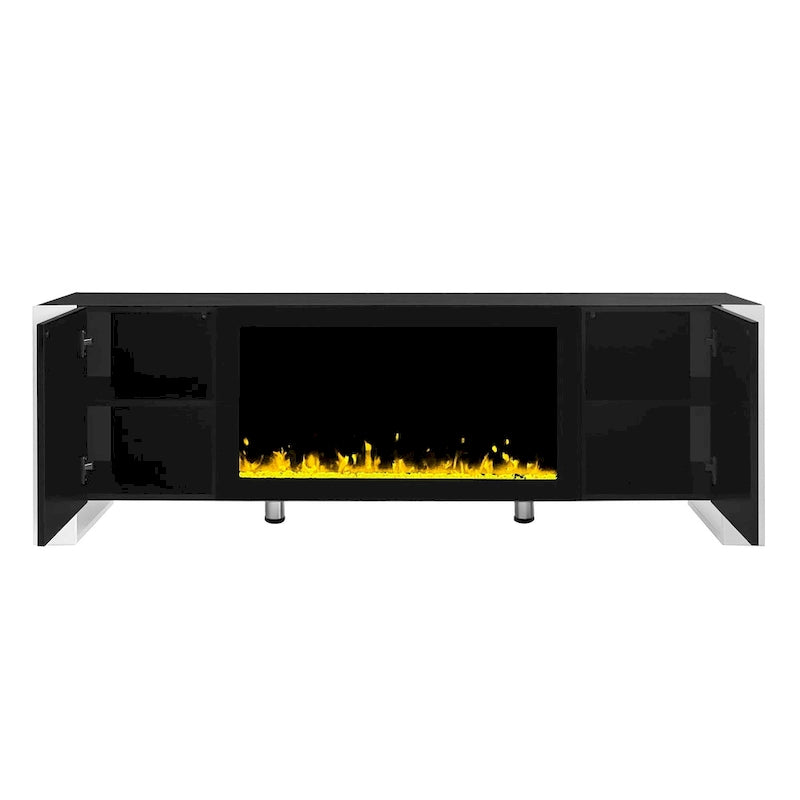 Meuble TV cheminée noir moderne de 68,1 po avec 2 grands placards pour téléviseurs jusqu'à 78 po