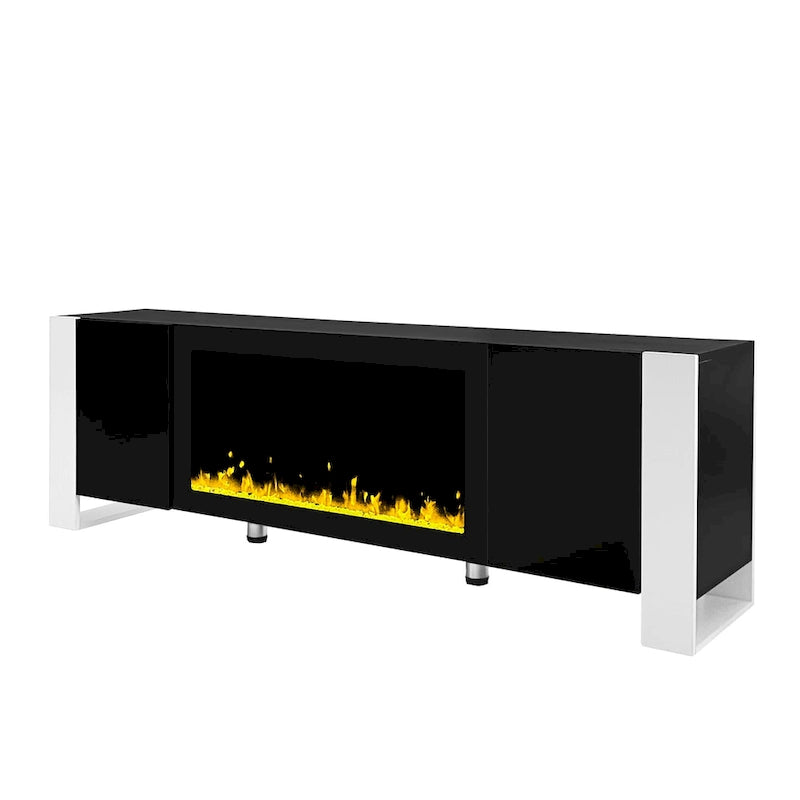 Meuble TV cheminée noir moderne de 68,1 po avec 2 grands placards pour téléviseurs jusqu'à 78 po