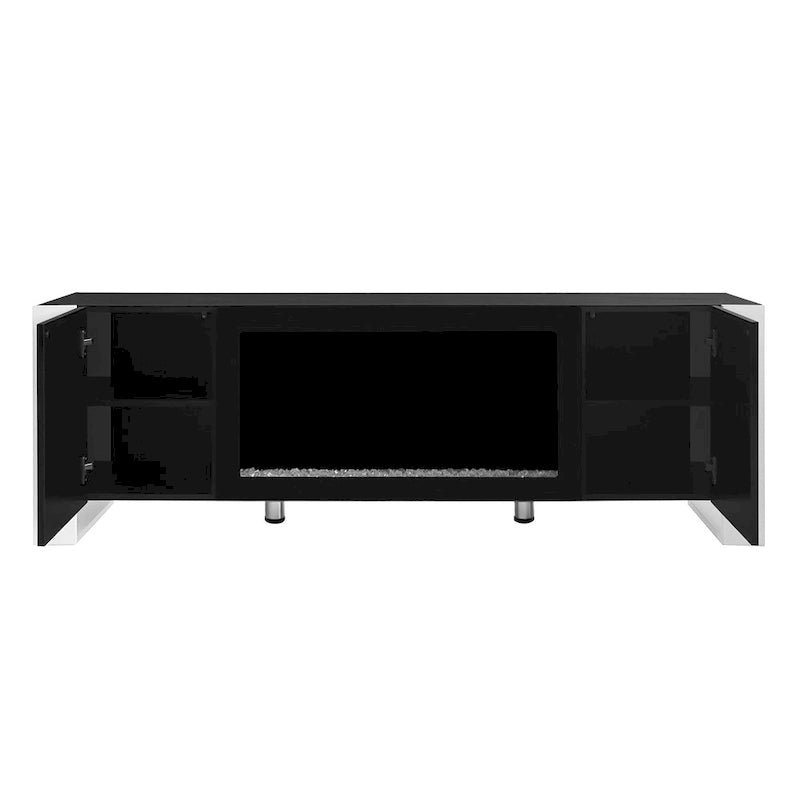 Meuble TV cheminée noir moderne de 68,1 po avec 2 grands placards pour téléviseurs jusqu'à 78 po