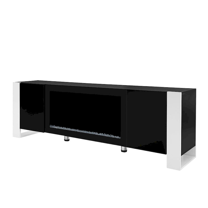 Meuble TV cheminée noir moderne de 68,1 po avec 2 grands placards pour téléviseurs jusqu'à 78 po
