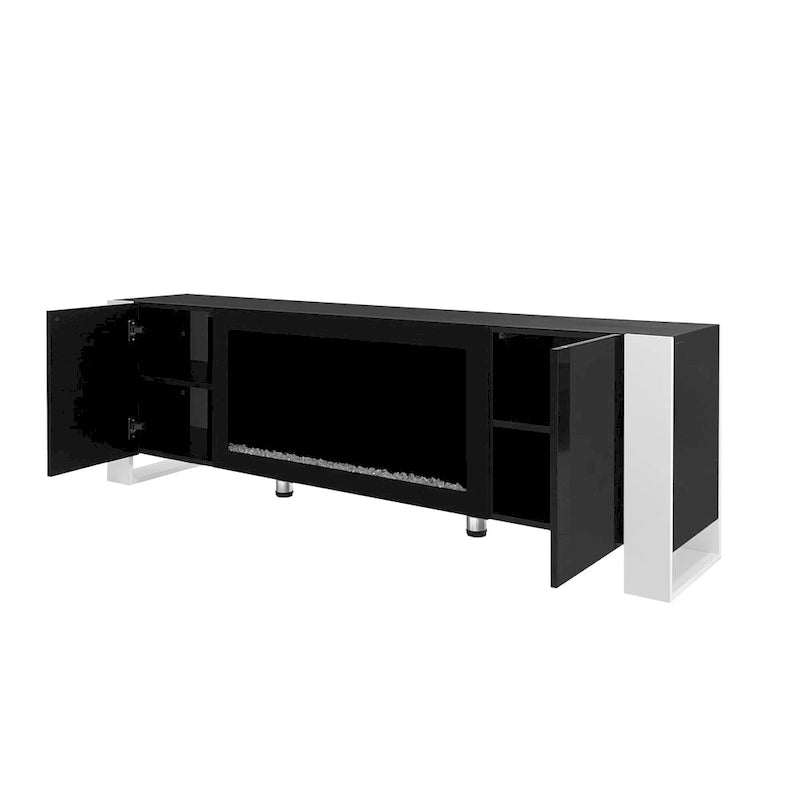 Meuble TV cheminée noir moderne de 68,1 po avec 2 grands placards pour téléviseurs jusqu'à 78 po