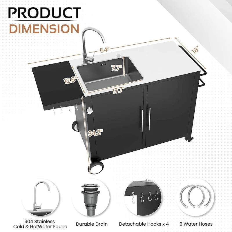 Évier de cuisine d'extérieur avec raccord pour tuyau d'arrosage, table de préparation de grill et îlot avec armoire en acier inoxydable