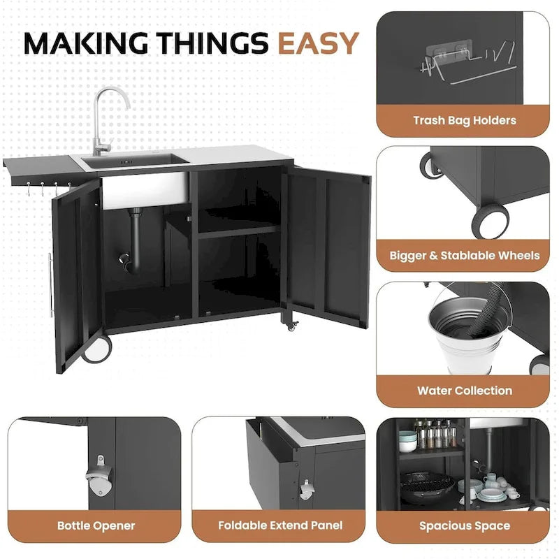 Évier de cuisine d'extérieur avec raccord pour tuyau d'arrosage, table de préparation de grill et îlot avec armoire en acier inoxydable
