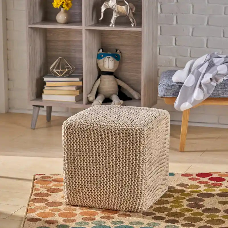 Pouff en tricot avec housse amovible, repose-pieds souple pour salon ou chambre à coucher