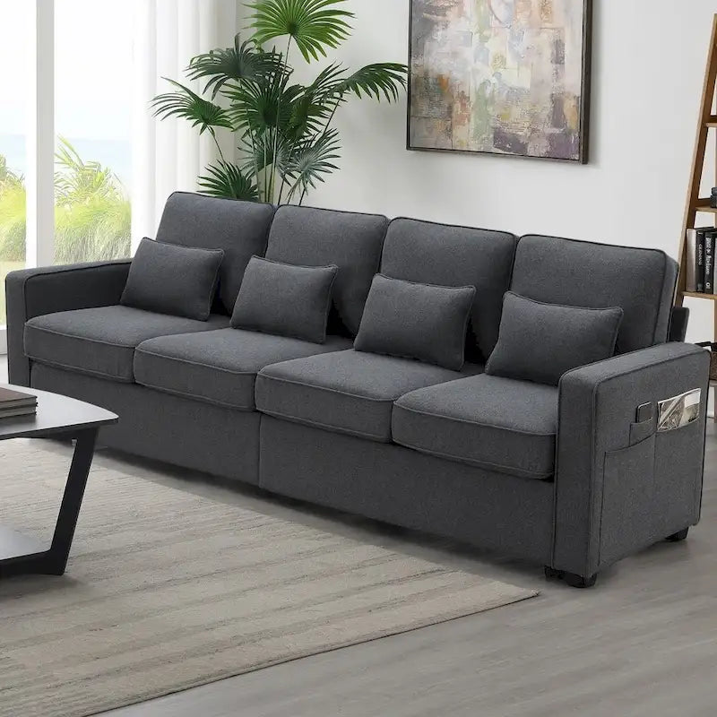104 Canapé moderne 4 places en tissu lin avec poches accoudoirs et 4 coussins