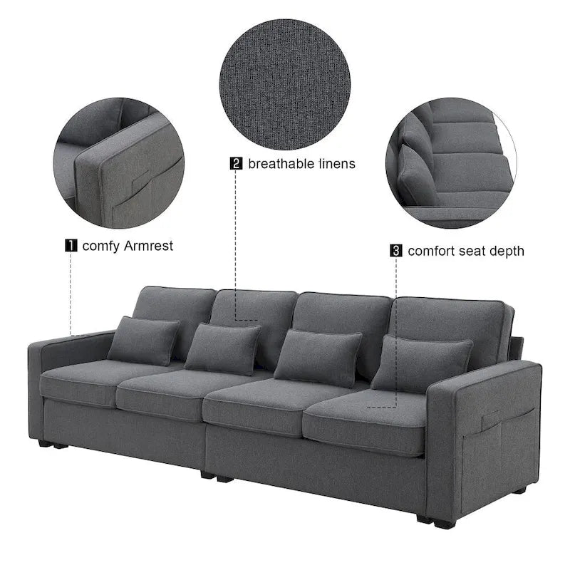 104 Canapé moderne 4 places en tissu lin avec poches accoudoirs et 4 coussins