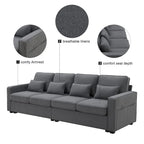 104 Canapé moderne 4 places en tissu lin avec poches accoudoirs et 4 coussins