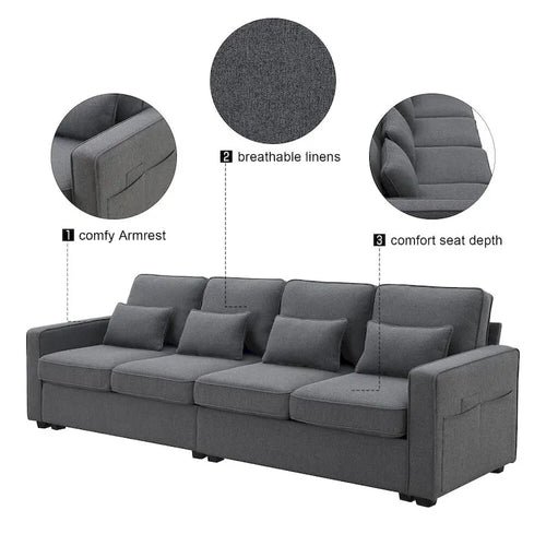 104 Canapé moderne 4 places en tissu lin avec poches accoudoirs et 4 coussins