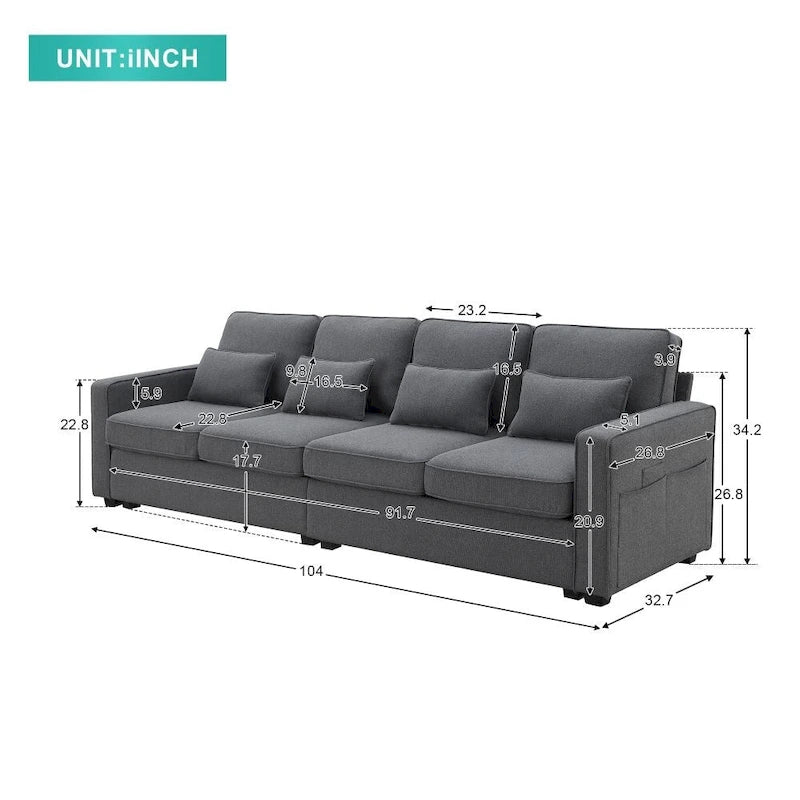 104 Canapé moderne 4 places en tissu lin avec poches accoudoirs et 4 coussins