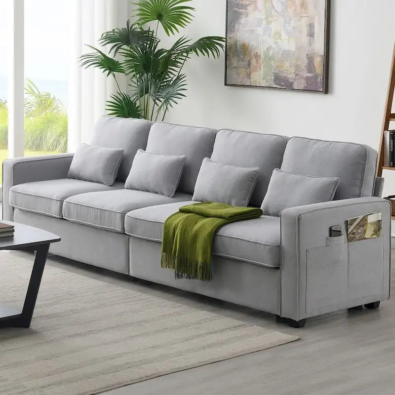 104 Canapé moderne 4 places en tissu lin avec poches accoudoirs et 4 coussins