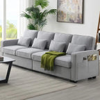 104 Canapé moderne 4 places en tissu lin avec poches accoudoirs et 4 coussins