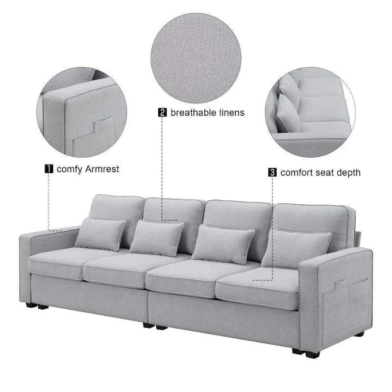104 Canapé moderne 4 places en tissu lin avec poches accoudoirs et 4 coussins
