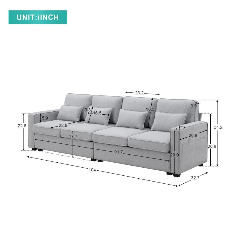 104 Canapé moderne 4 places en tissu lin avec poches accoudoirs et 4 coussins