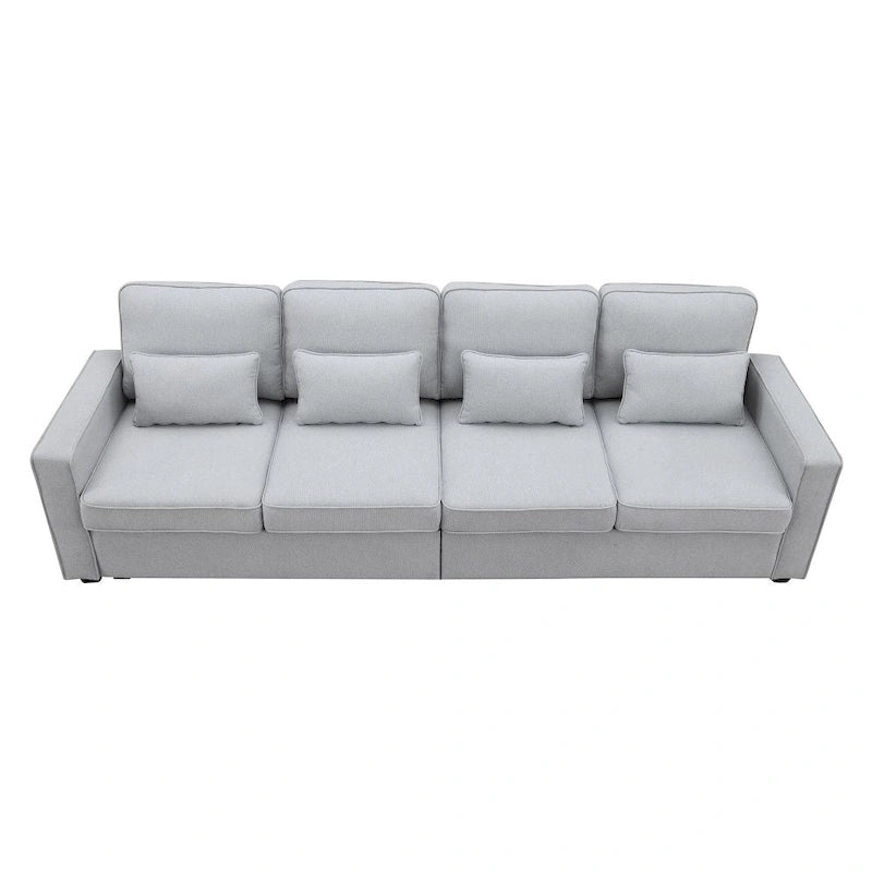 104 Canapé moderne 4 places en tissu lin avec poches accoudoirs et 4 coussins
