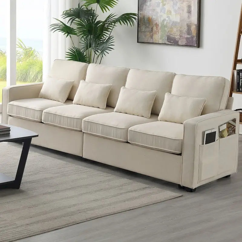 104 Canapé moderne 4 places en tissu lin avec poches accoudoirs et 4 coussins