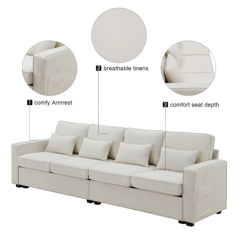 104 Canapé moderne 4 places en tissu lin avec poches accoudoirs et 4 coussins