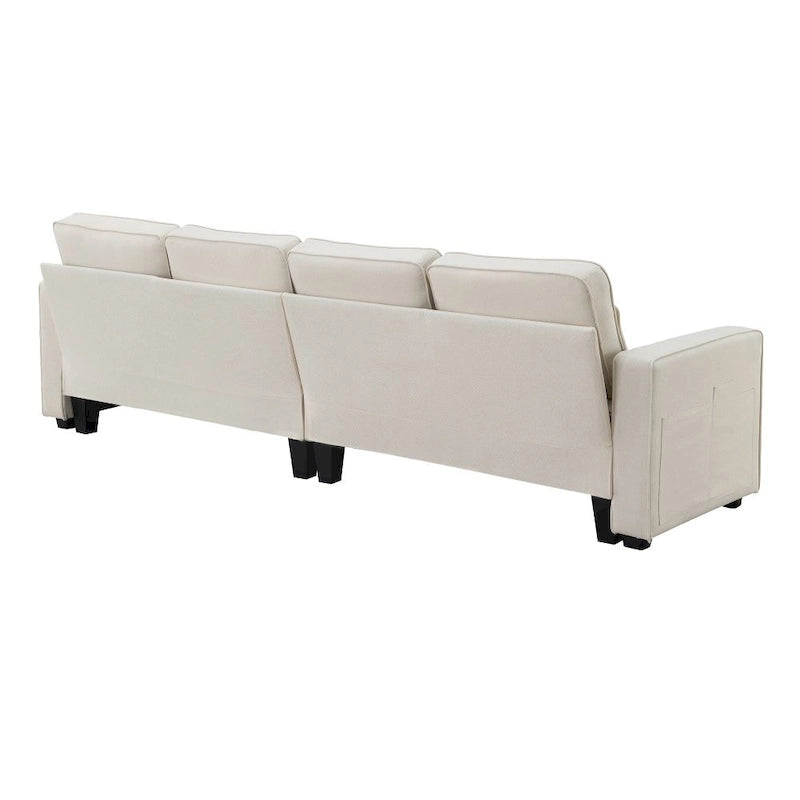 104 Canapé moderne 4 places en tissu lin avec poches accoudoirs et 4 coussins
