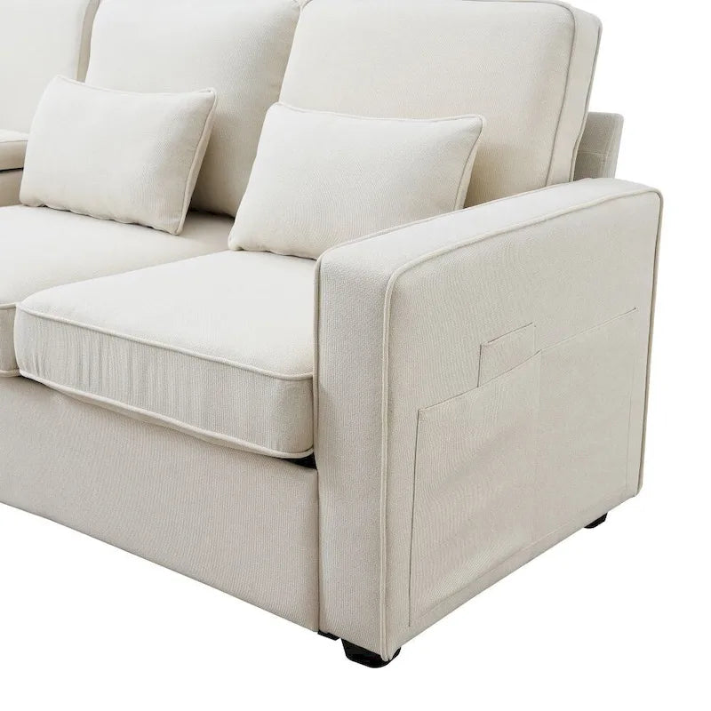 104 Canapé moderne 4 places en tissu lin avec poches accoudoirs et 4 coussins