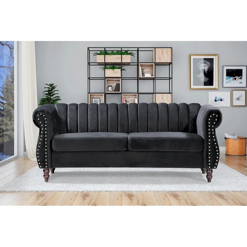 Canapé Chesterfield en velours avec accoudoirs roulés classiques et dossier capitonné pour salon élégant