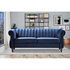 Canapé Chesterfield en velours avec accoudoirs roulés classiques et dossier capitonné pour salon élégant