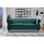 Canapé Chesterfield en velours avec accoudoirs roulés classiques et dossier capitonné pour salon élégant