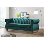 Canapé Chesterfield en velours avec accoudoirs roulés classiques et dossier capitonné pour salon élégant