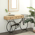 Console 3 tiroirs en métal avec plateau en bois brun, noir
