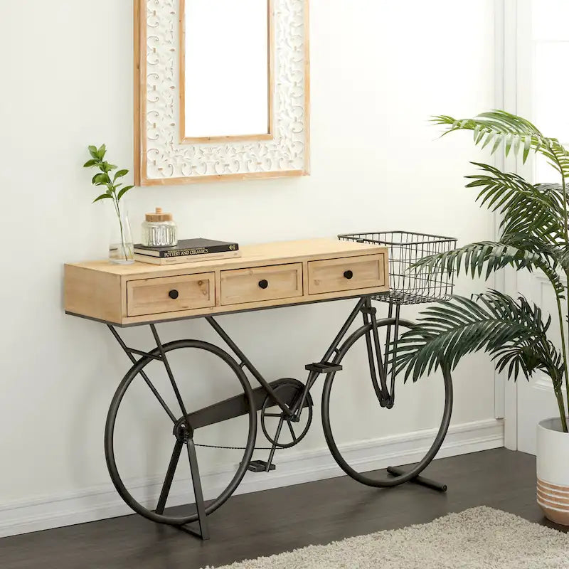 Console 3 tiroirs en métal avec plateau en bois brun, noir