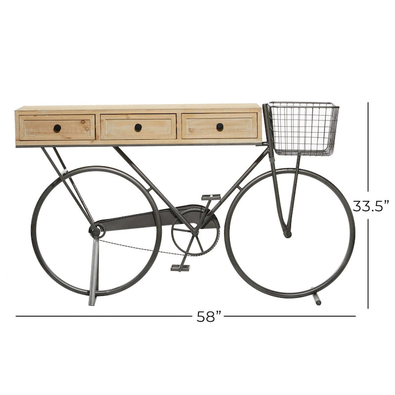 Console 3 tiroirs en métal avec plateau en bois brun, noir