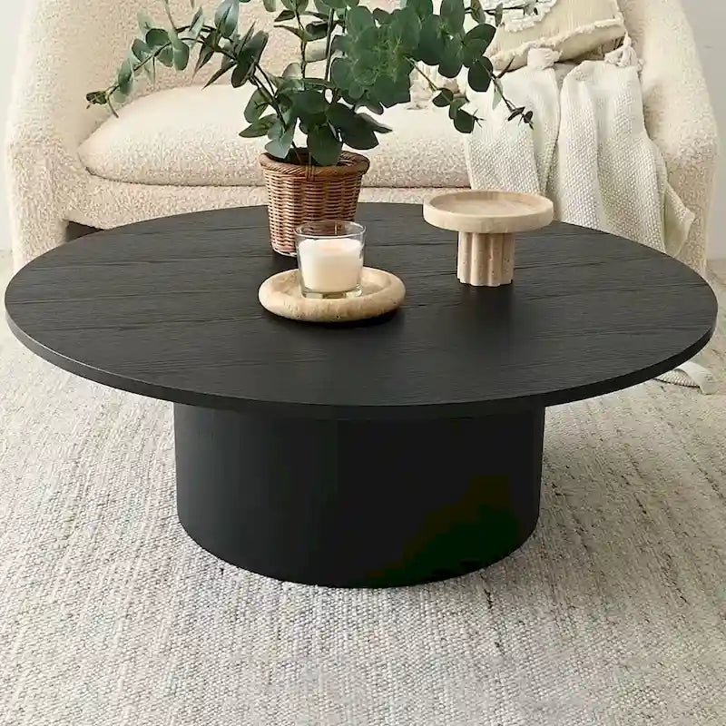 Table basse ronde de 40 po en bois massif avec piédestal et base sculpturale pour salon