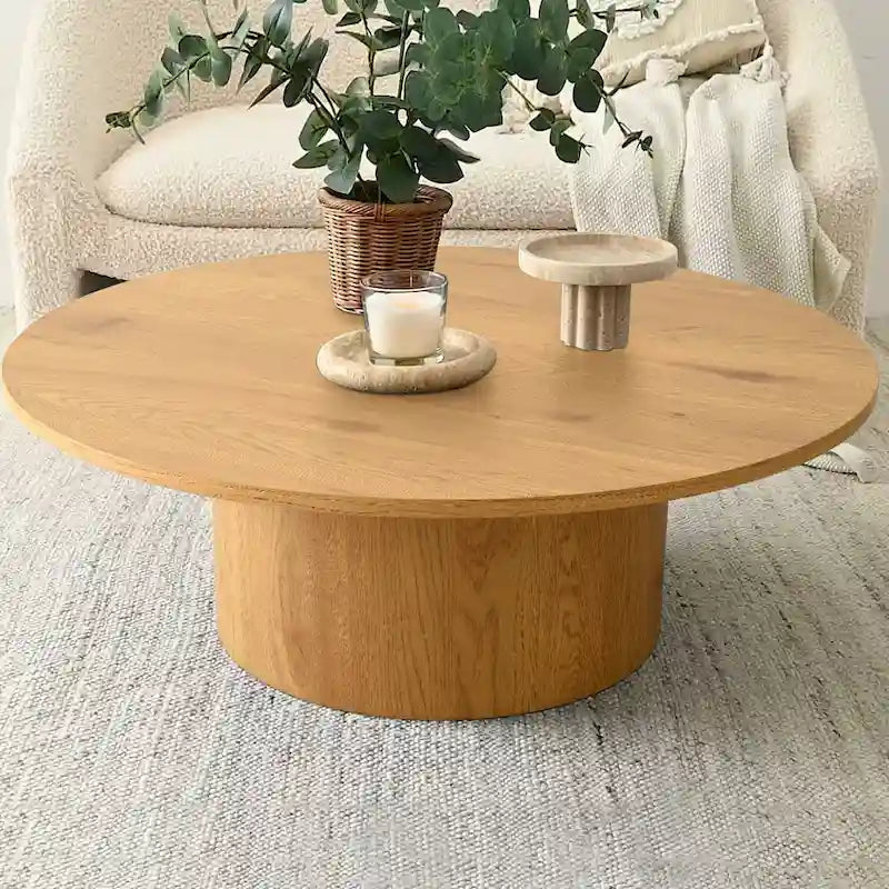 Table basse ronde de 40 po en bois massif avec piédestal et base sculpturale pour salon