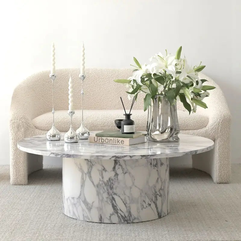 Table basse ronde de 40 po en bois massif avec piédestal et base sculpturale pour salon