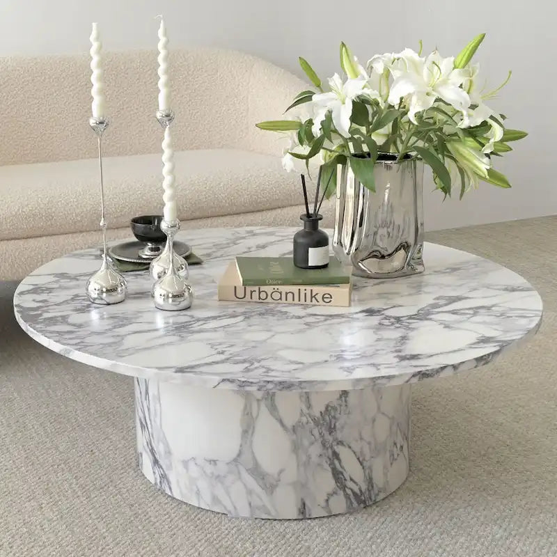 Table basse ronde de 40 po en bois massif avec piédestal et base sculpturale pour salon