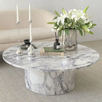 Table basse ronde de 40 po en bois massif avec piédestal et base sculpturale pour salon