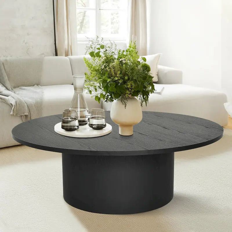 Table basse ronde de 40 po en bois massif avec piédestal et base sculpturale pour salon
