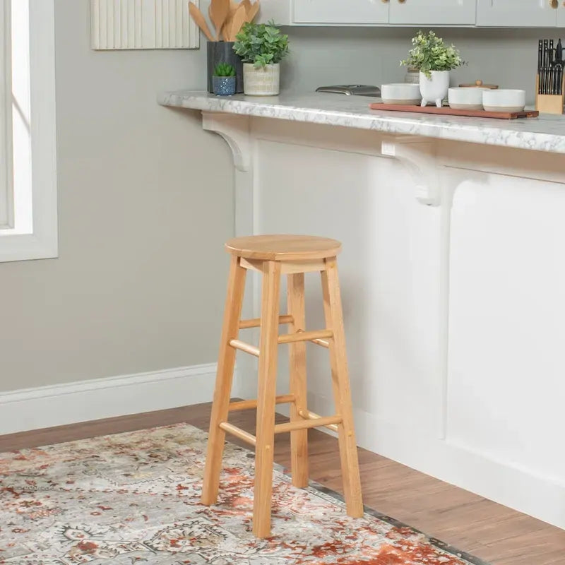 Tabouret de bar fixe sans dossier avec pieds en bois massif et finition naturelle, hauteur d'assise 29 po