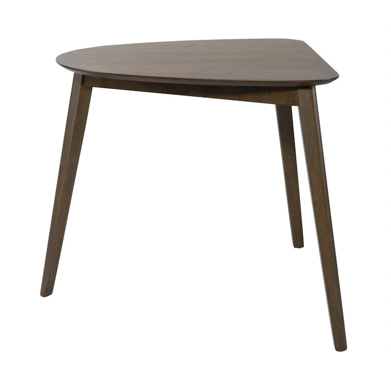 Table à manger triangulaire finition noyer satiné avec motif géométrique pour petits espaces