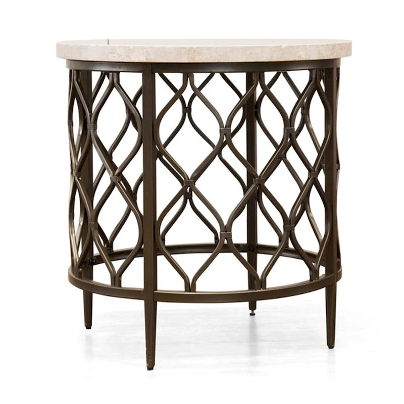 Table d'appoint ronde avec plateau en pierre et piètement en métal pour salon ou chambre moderne