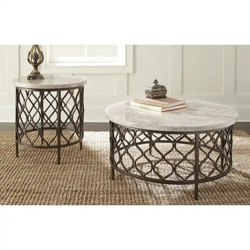 Table d'appoint ronde avec plateau en pierre et piètement en métal pour salon ou chambre moderne