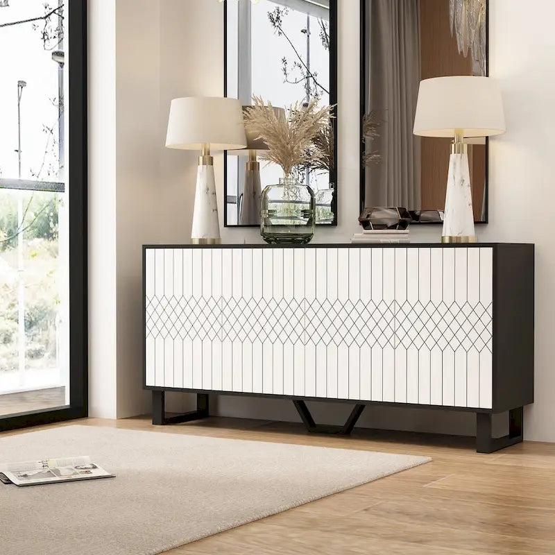 Buffet moderne à 4 portes avec placage assorti, 160 cm, Noir, Blanc, Table d'appoint, Enfilade