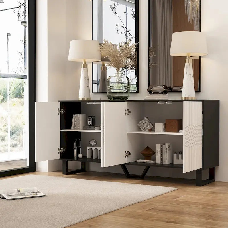Buffet moderne à 4 portes avec placage assorti, 160 cm, Noir, Blanc, Table d'appoint, Enfilade