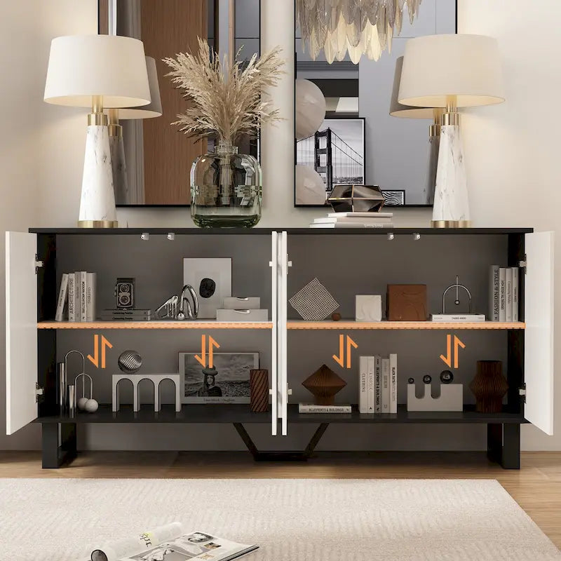 Buffet moderne à 4 portes avec placage assorti, 160 cm, Noir, Blanc, Table d'appoint, Enfilade
