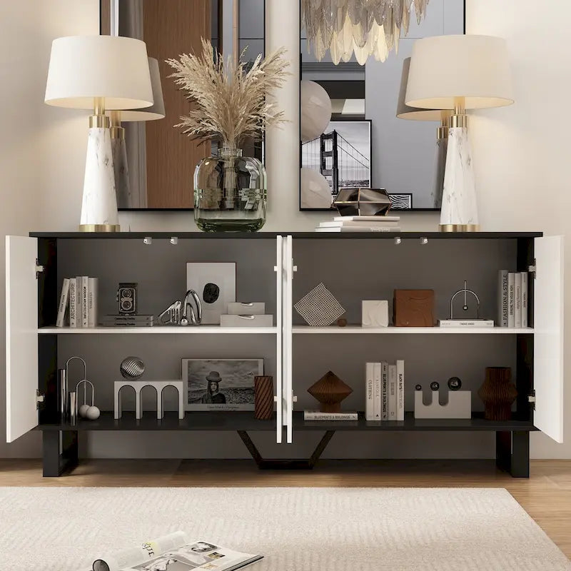 Buffet moderne à 4 portes avec placage assorti, 160 cm, Noir, Blanc, Table d'appoint, Enfilade