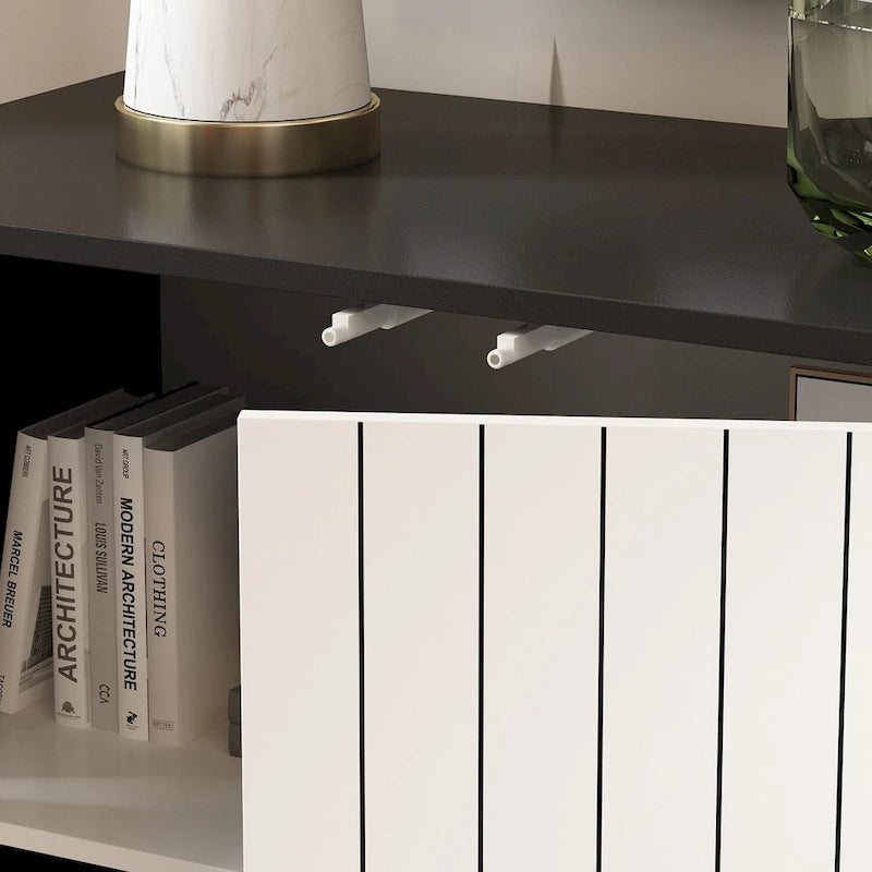 Buffet moderne à 4 portes avec placage assorti, 160 cm, Noir, Blanc, Table d'appoint, Enfilade