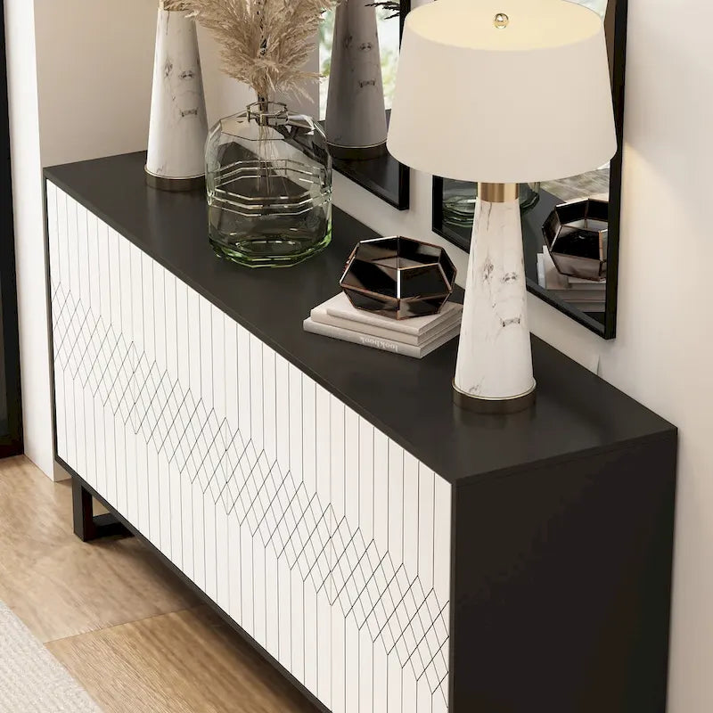 Buffet moderne à 4 portes avec placage assorti, 160 cm, Noir, Blanc, Table d'appoint, Enfilade
