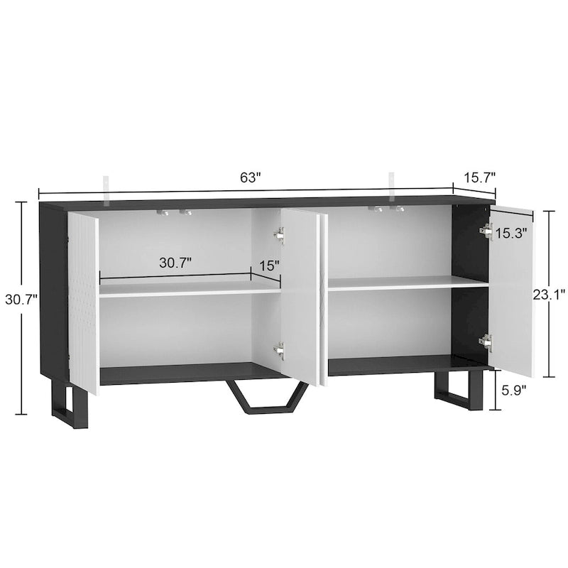 Buffet moderne à 4 portes avec placage assorti, 160 cm, Noir, Blanc, Table d'appoint, Enfilade