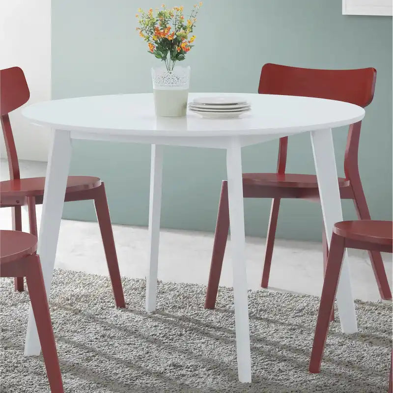 Table à manger ronde blanche contemporaine avec piètement géométrique, 4 places, MDF et bois d'hévéa